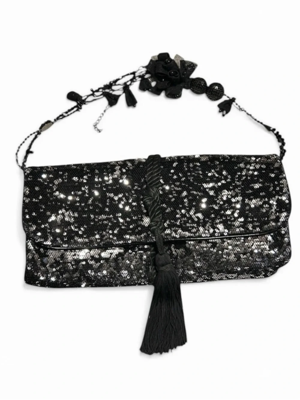 White House Black Market Black and Silver Glitter Sequin Clutch Large - Picture 7 of 7